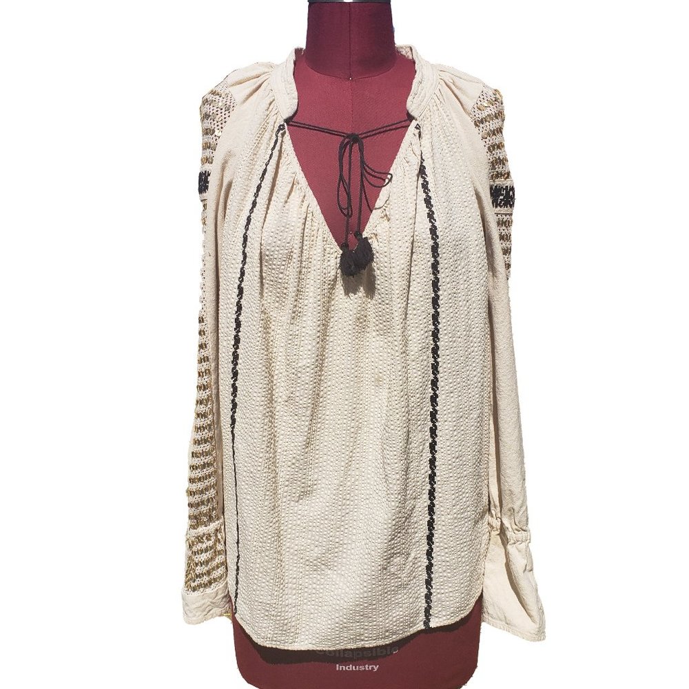 Skaist Taylor Blouse Ivory Seersucker Raglan Sleeves Sequins V Neck Boho 4